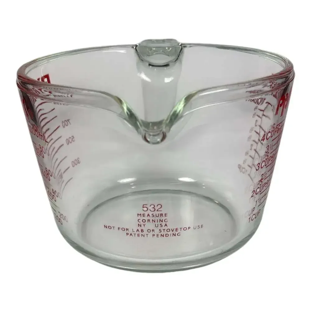 Vintage Pyrex Glass Measuring Cup Red Lettering Open J Handle 4 Cup 1 Quart #532